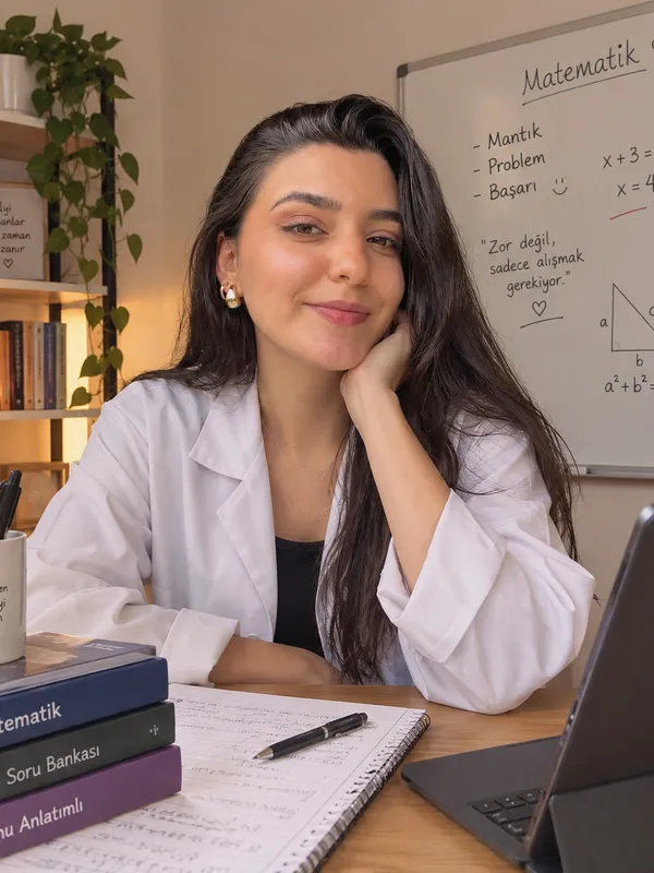Ceren Yılmaz, matematik yazılı beyaz tahtanın önünde çalışma masasında